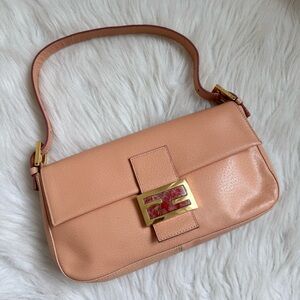 Authentic leather Fendi peach baguette bag with stone buckle clasp